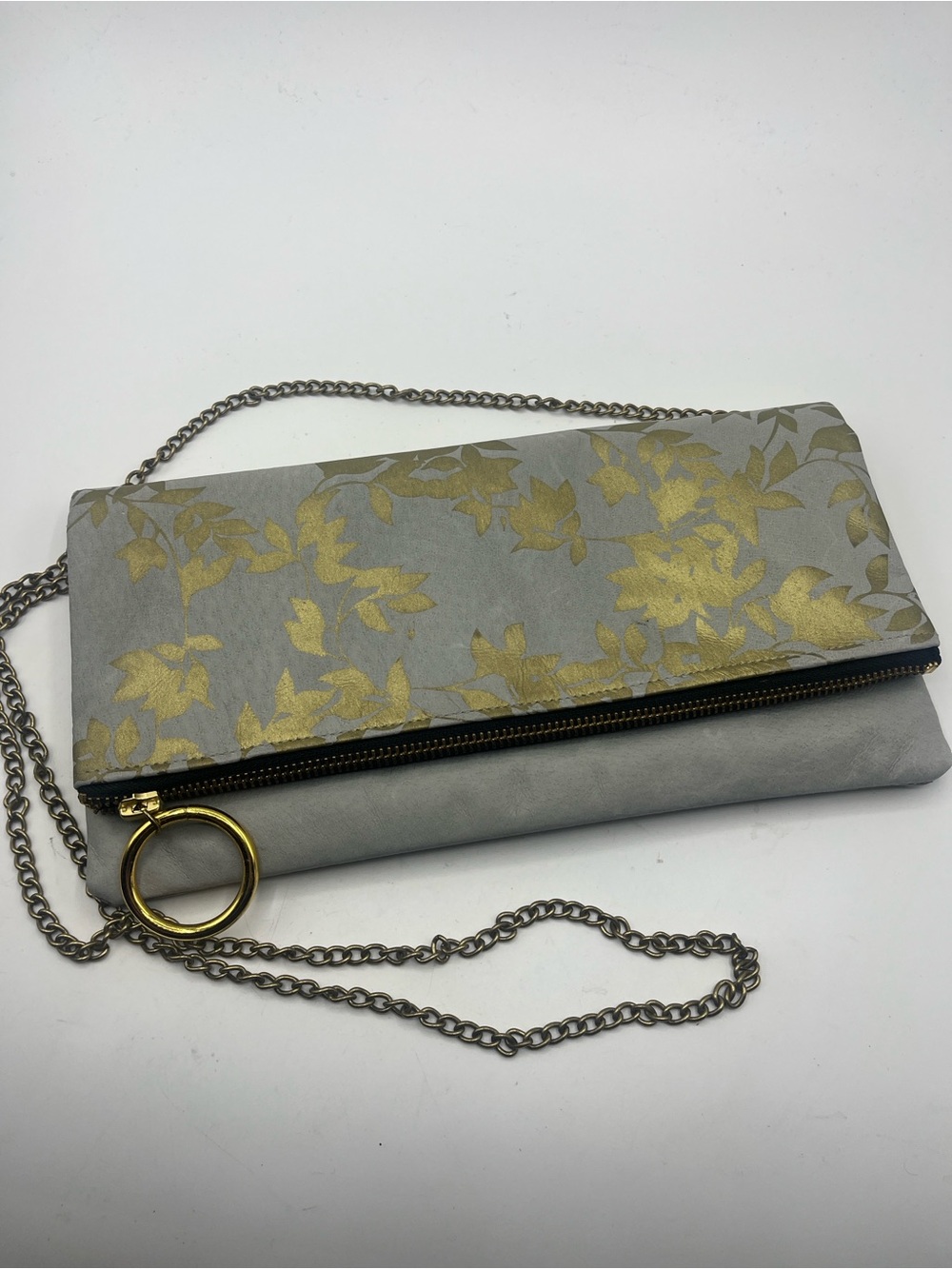 Gray Fold-Over Crossbody Clutch with Gold Leaf Accent